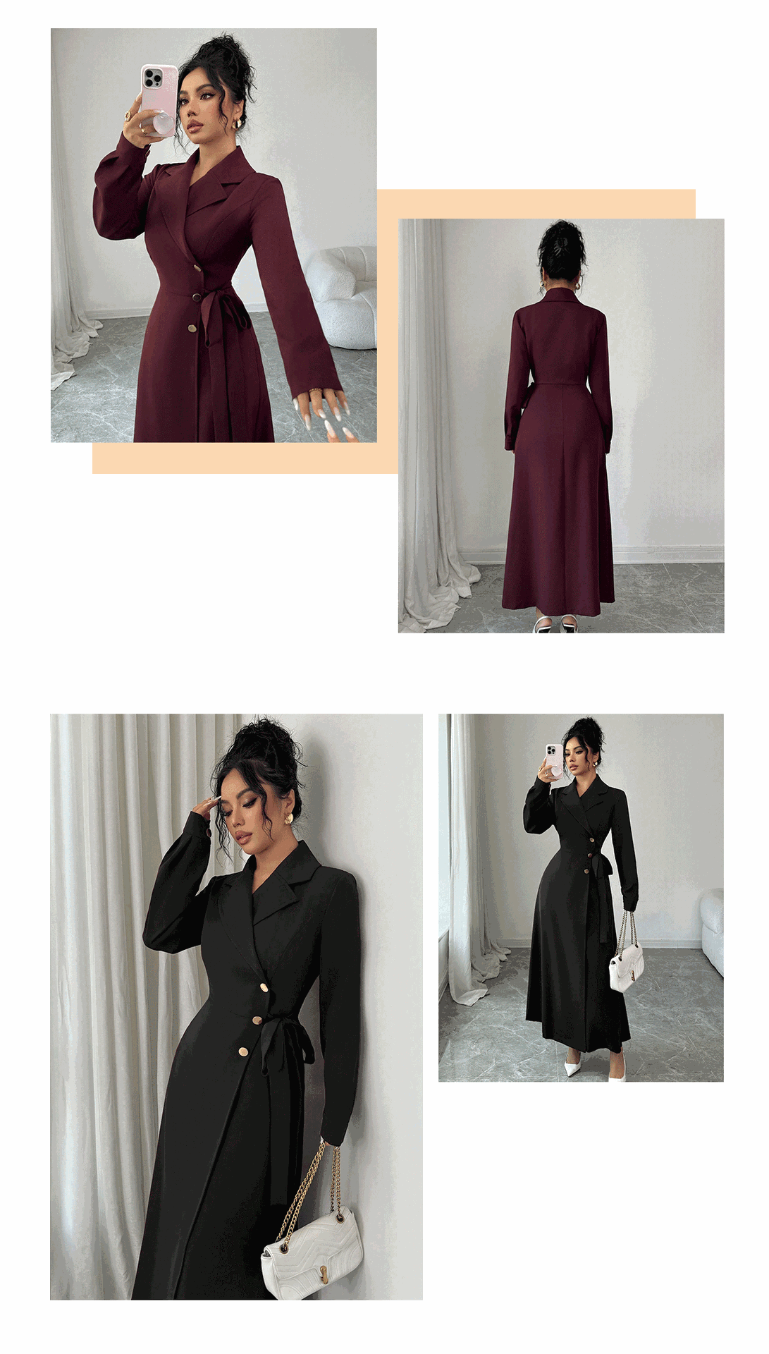 Women Long Sleeve Blazer Collar Belted Midi Dress, Solid Polyester Commuter Dress