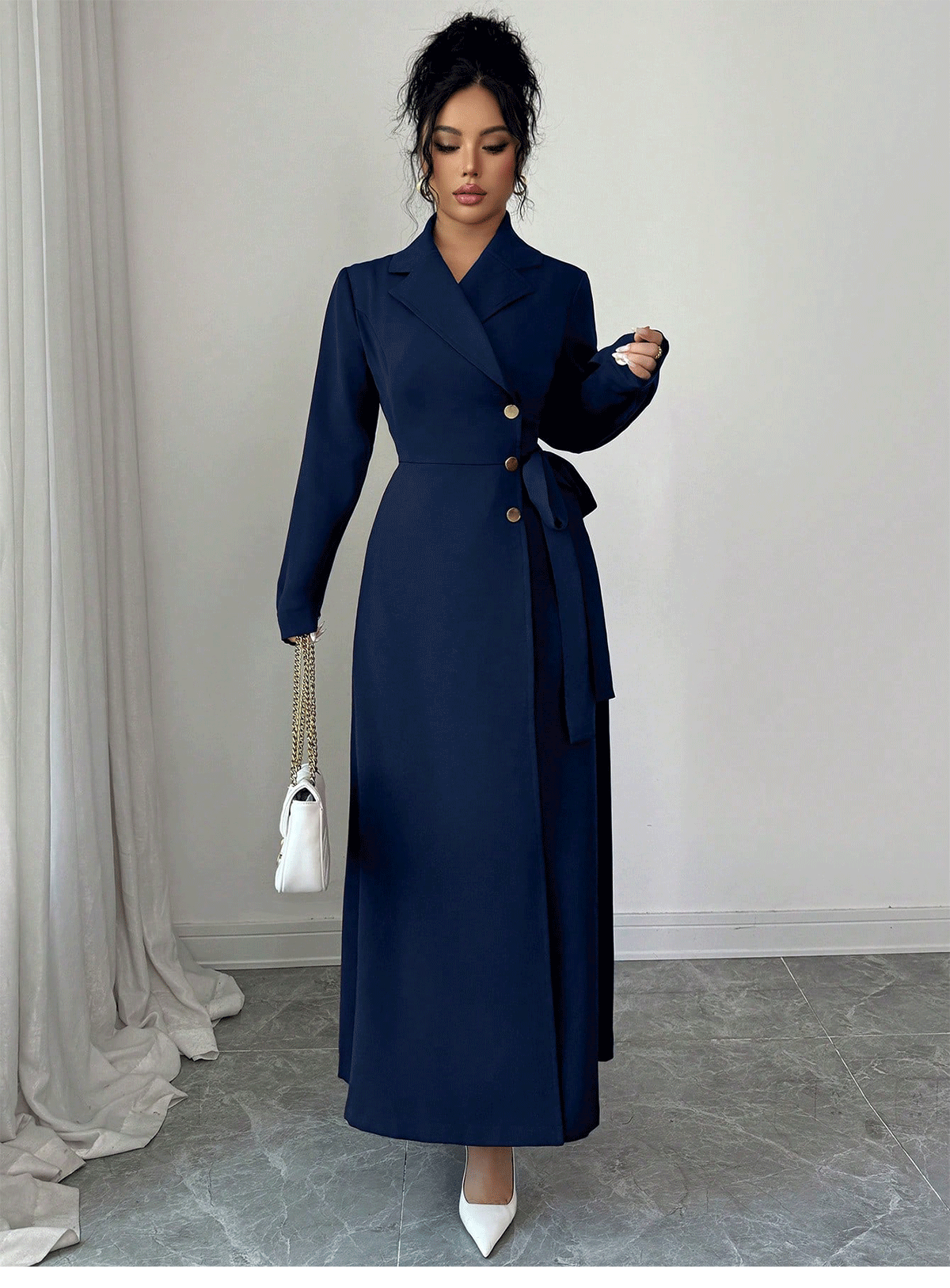 Women Long Sleeve Blazer Collar Belted Midi Dress, Solid Polyester Commuter Dress