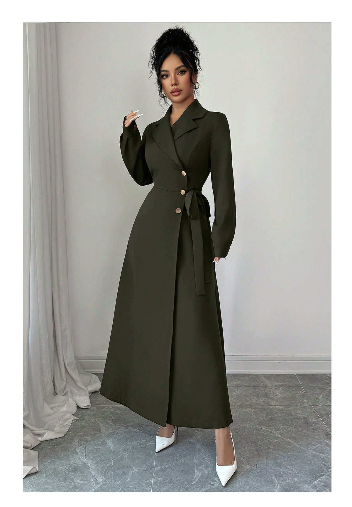 Women Long Sleeve Blazer Collar Belted Midi Dress, Solid Polyester Commuter Dress
