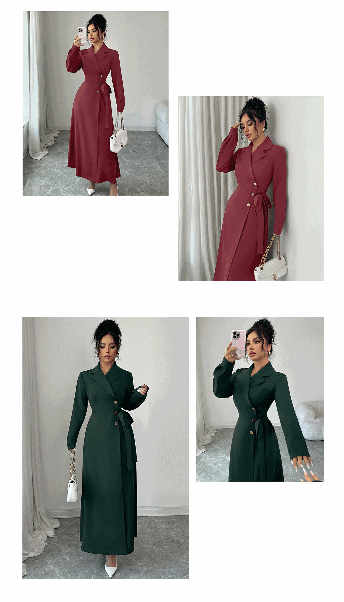 Women Long Sleeve Blazer Collar Belted Midi Dress, Solid Polyester Commuter Dress