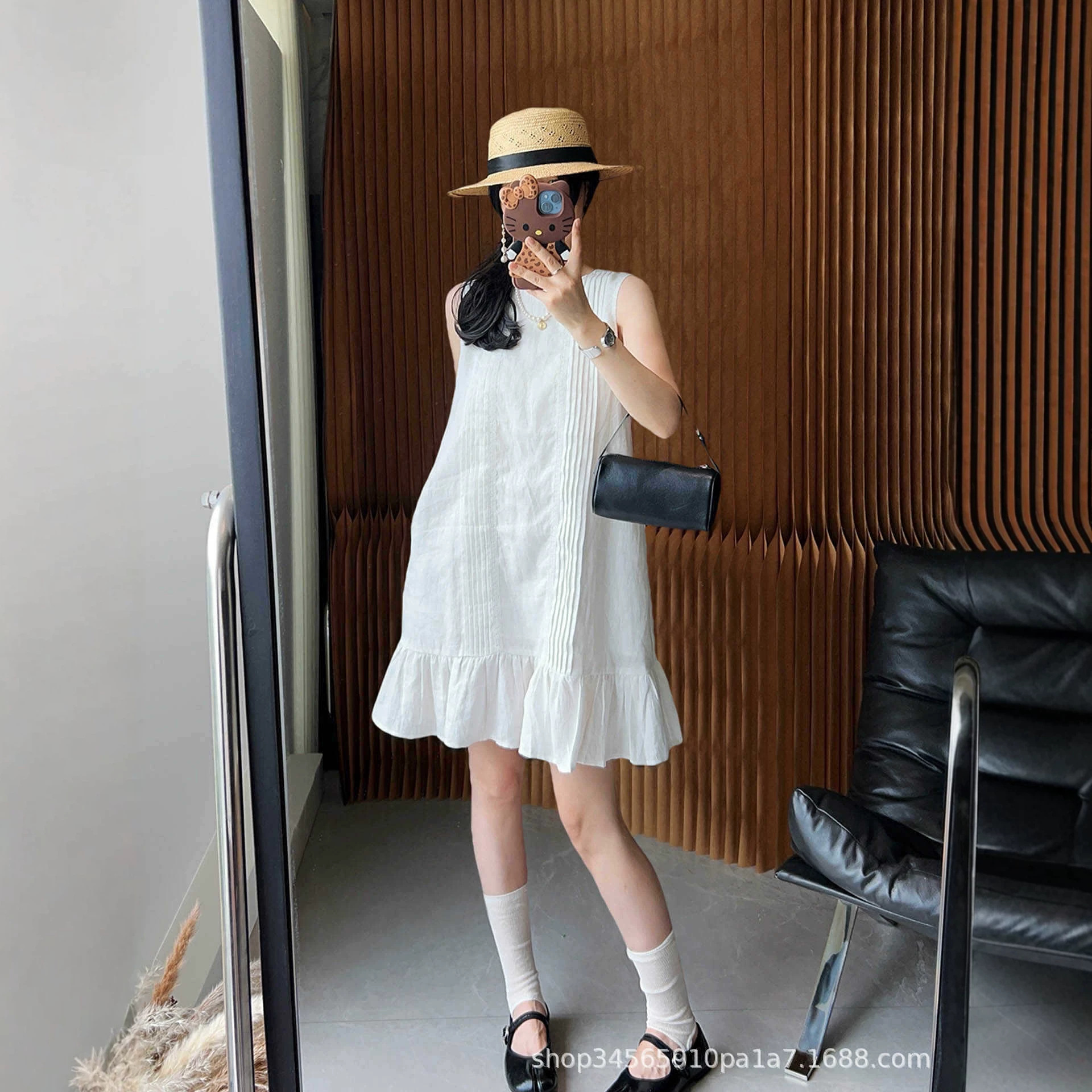 Women Sleeveless A-Line Midi Dress, Solid Pleated Ruffle Round Neck Summer Dress