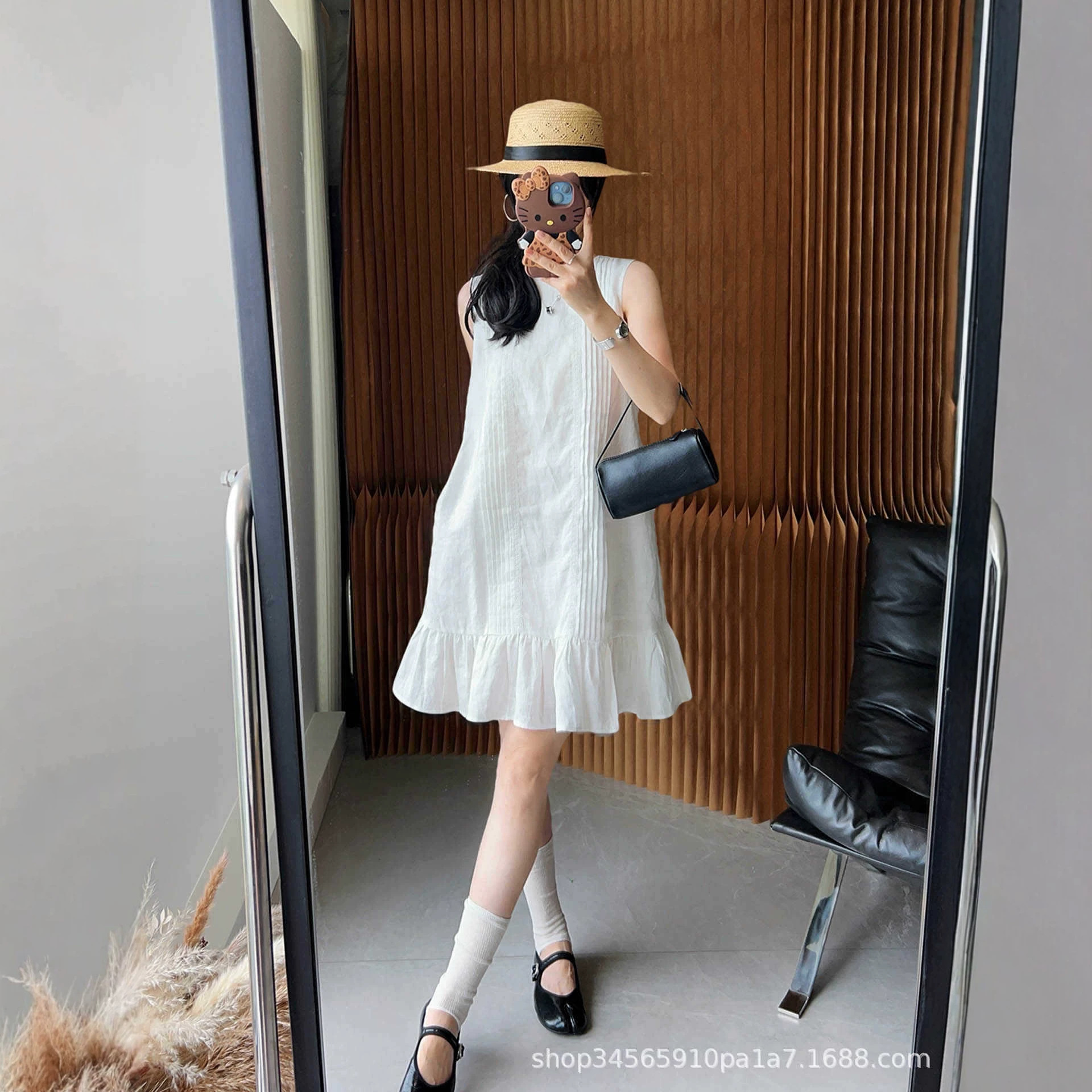 Women Sleeveless A-Line Midi Dress, Solid Pleated Ruffle Round Neck Summer Dress