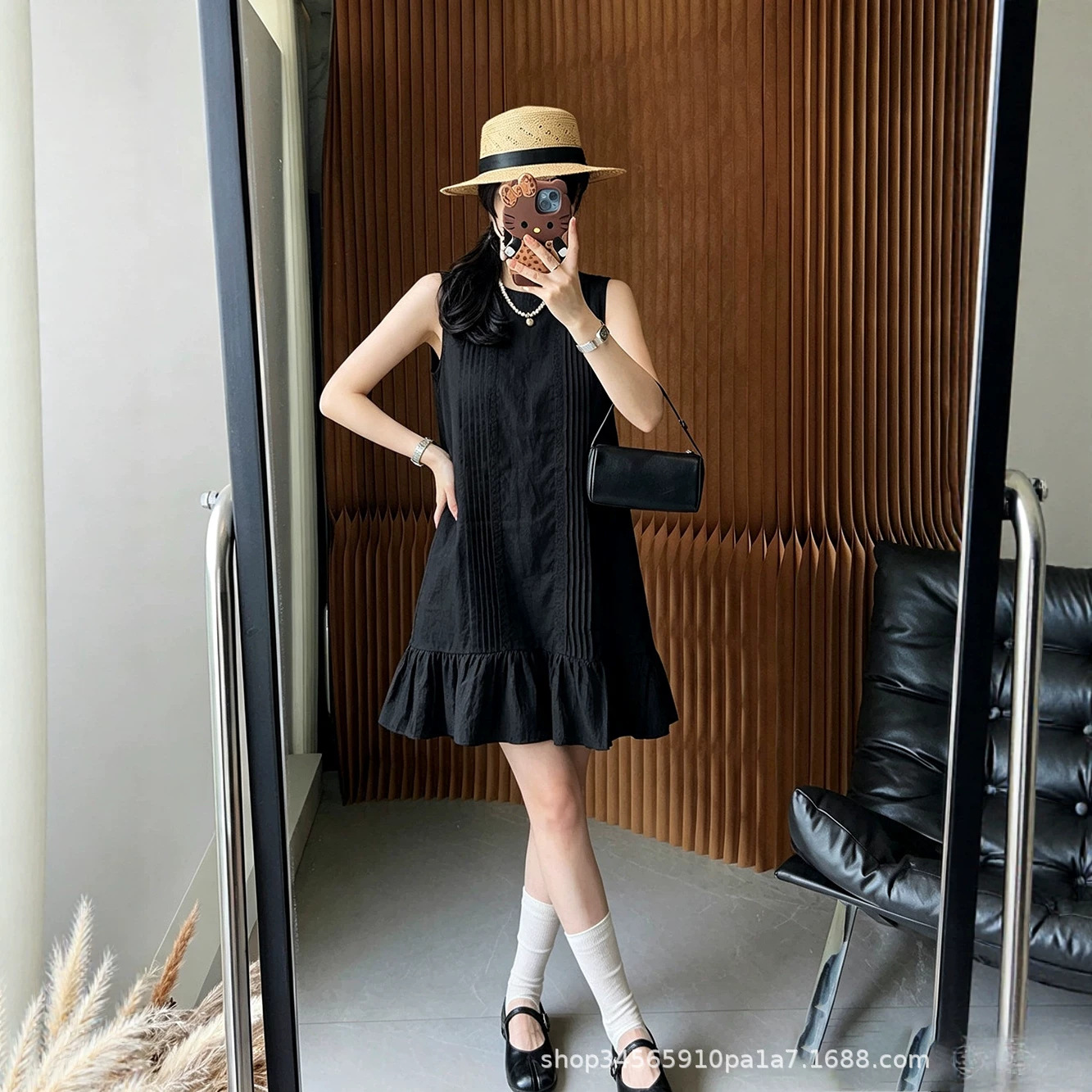 Women Sleeveless A-Line Midi Dress, Solid Pleated Ruffle Round Neck Summer Dress