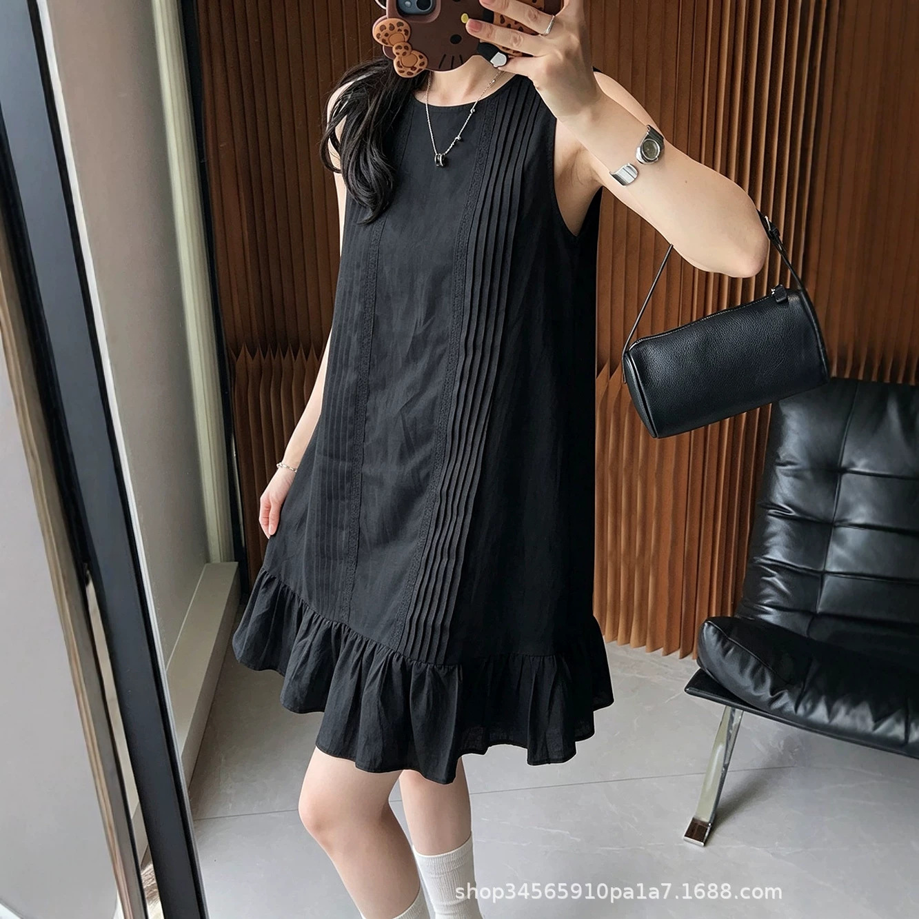 Women Sleeveless A-Line Midi Dress, Solid Pleated Ruffle Round Neck Summer Dress