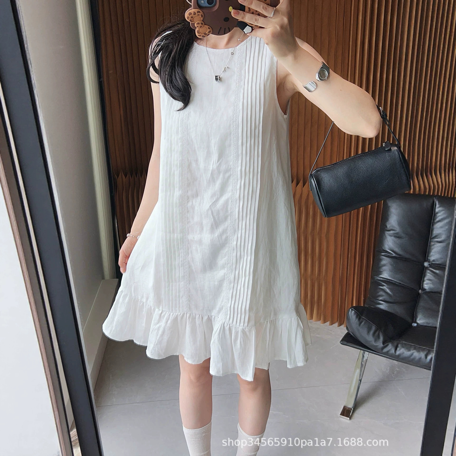 Women Sleeveless A-Line Midi Dress, Solid Pleated Ruffle Round Neck Summer Dress