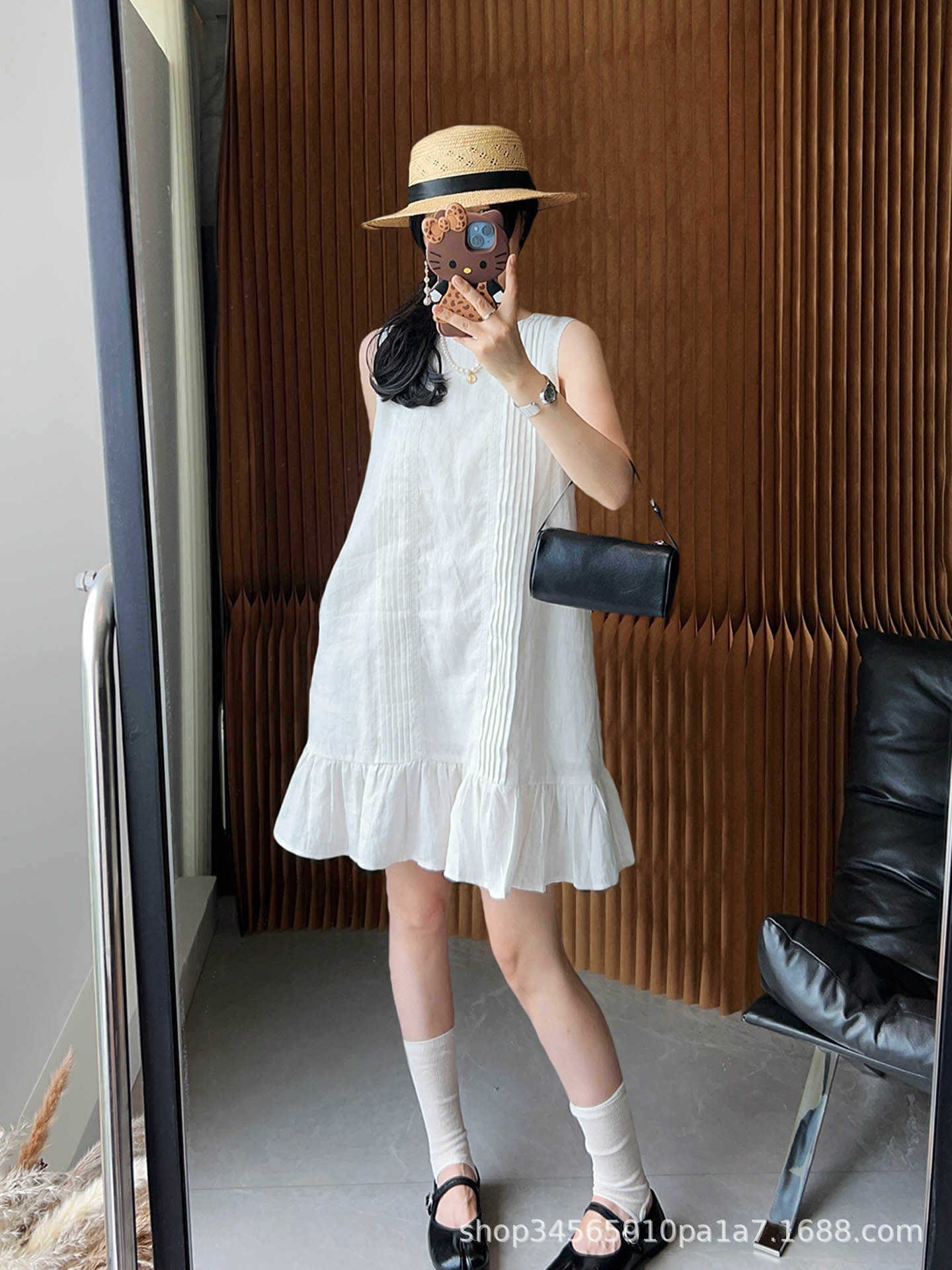 Women Sleeveless A-Line Midi Dress, Solid Pleated Ruffle Round Neck Summer Dress