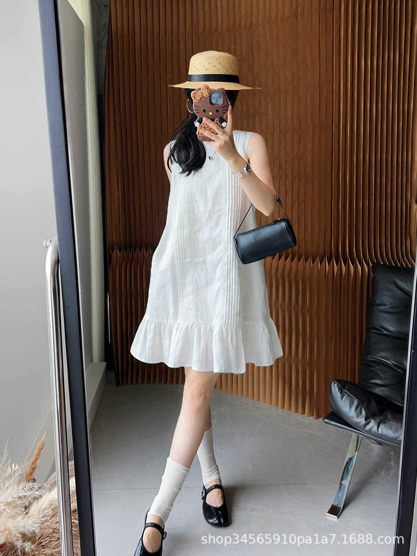 Women Sleeveless A-Line Midi Dress, Solid Pleated Ruffle Round Neck Summer Dress