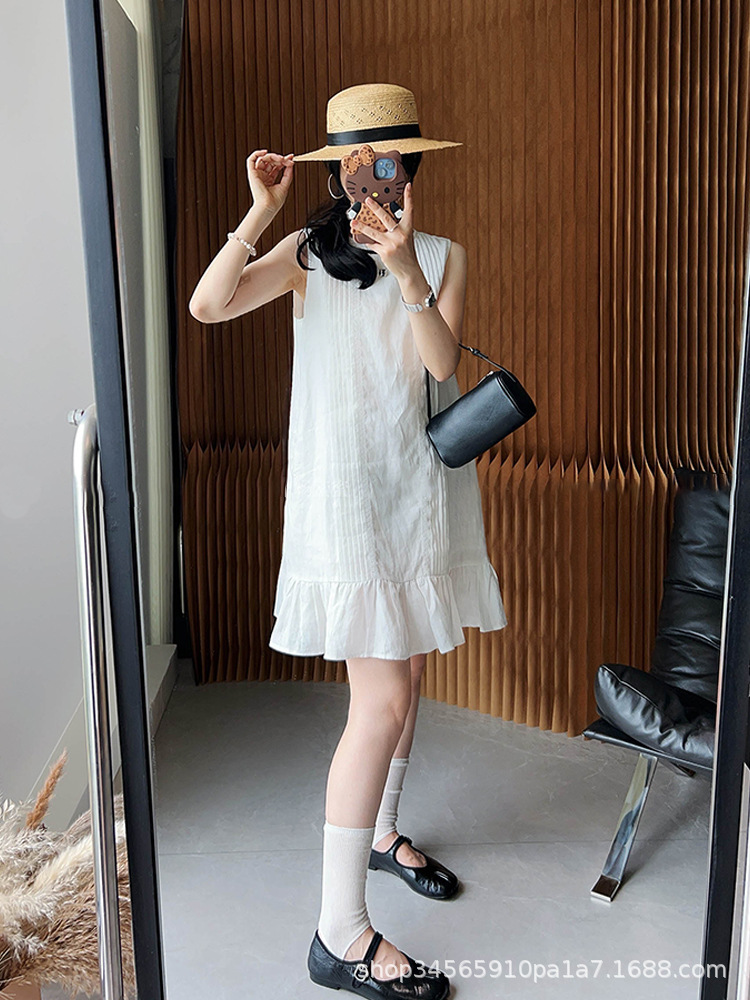 Women Sleeveless A-Line Midi Dress, Solid Pleated Ruffle Round Neck Summer Dress