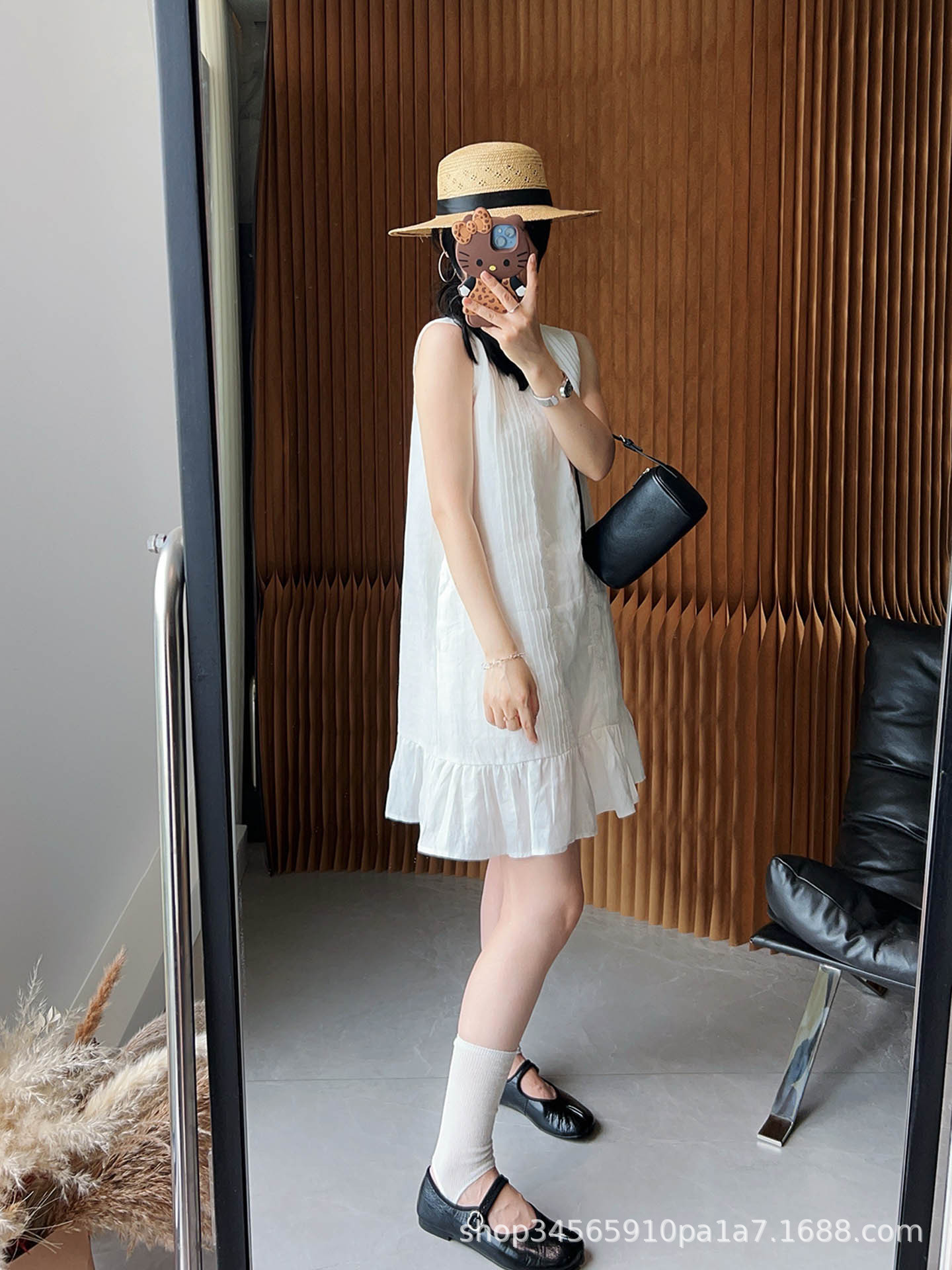 Women Sleeveless A-Line Midi Dress, Solid Pleated Ruffle Round Neck Summer Dress