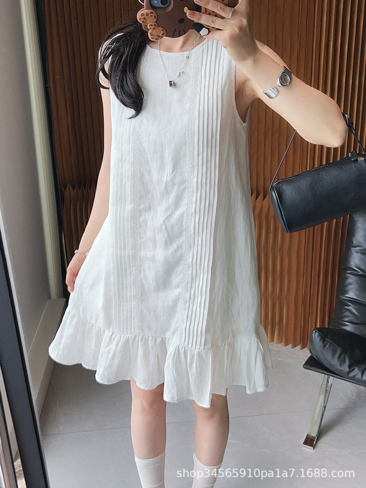 Women Sleeveless A-Line Midi Dress, Solid Pleated Ruffle Round Neck Summer Dress