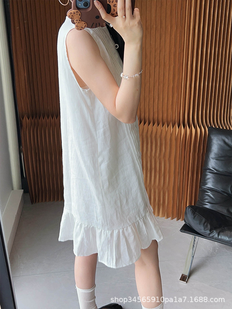Women Sleeveless A-Line Midi Dress, Solid Pleated Ruffle Round Neck Summer Dress