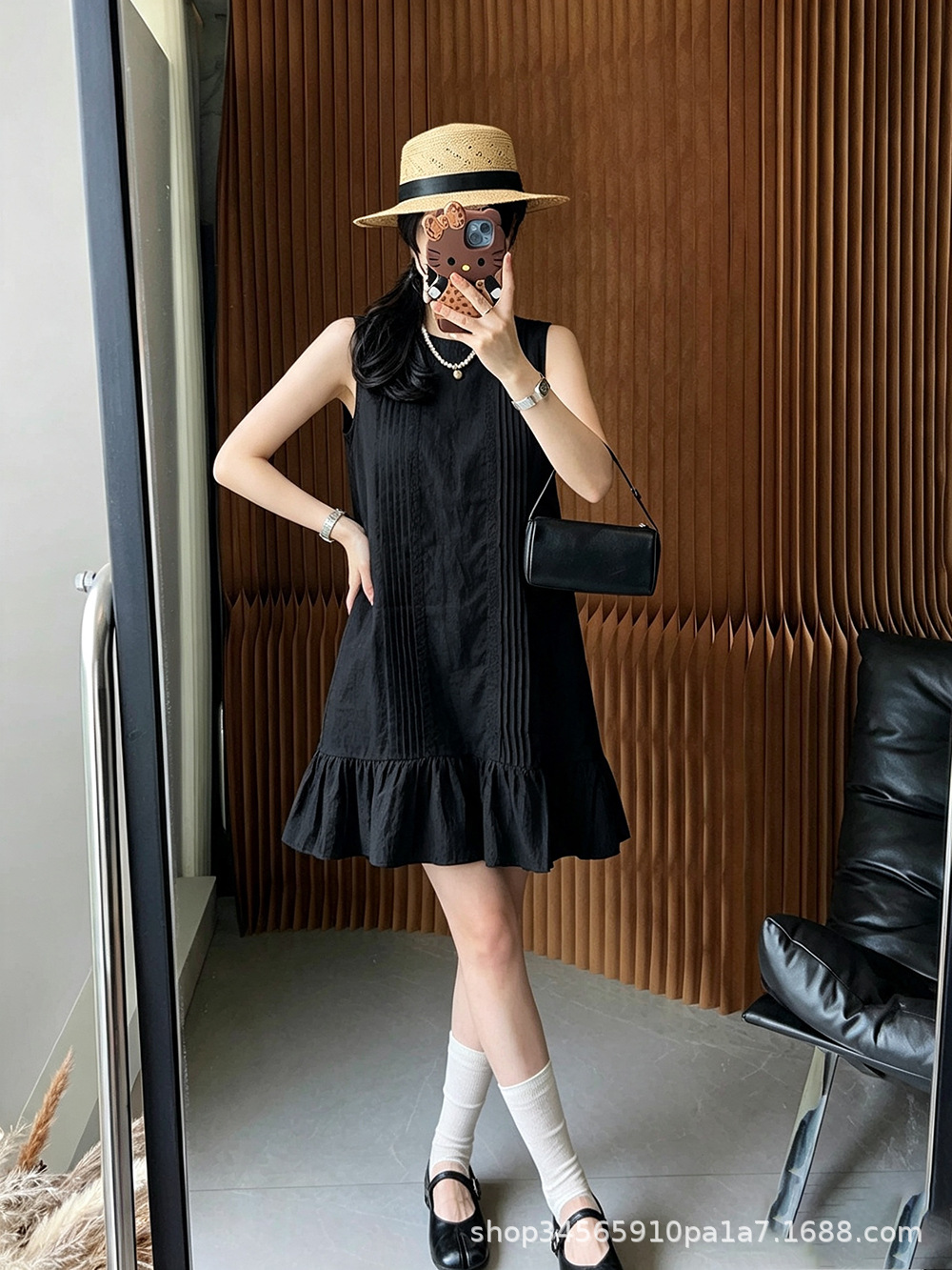 Women Sleeveless A-Line Midi Dress, Solid Pleated Ruffle Round Neck Summer Dress