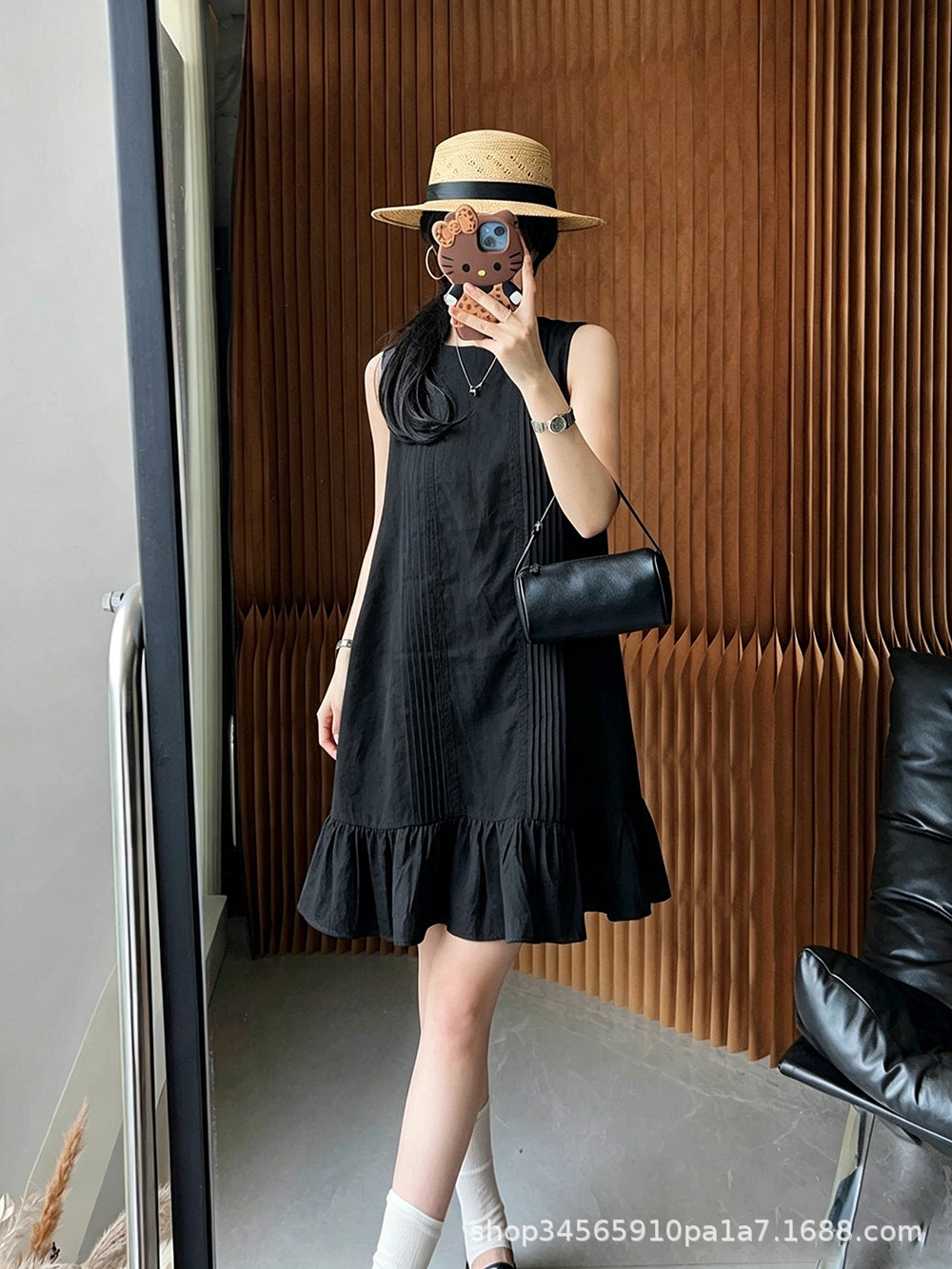 Women Sleeveless A-Line Midi Dress, Solid Pleated Ruffle Round Neck Summer Dress