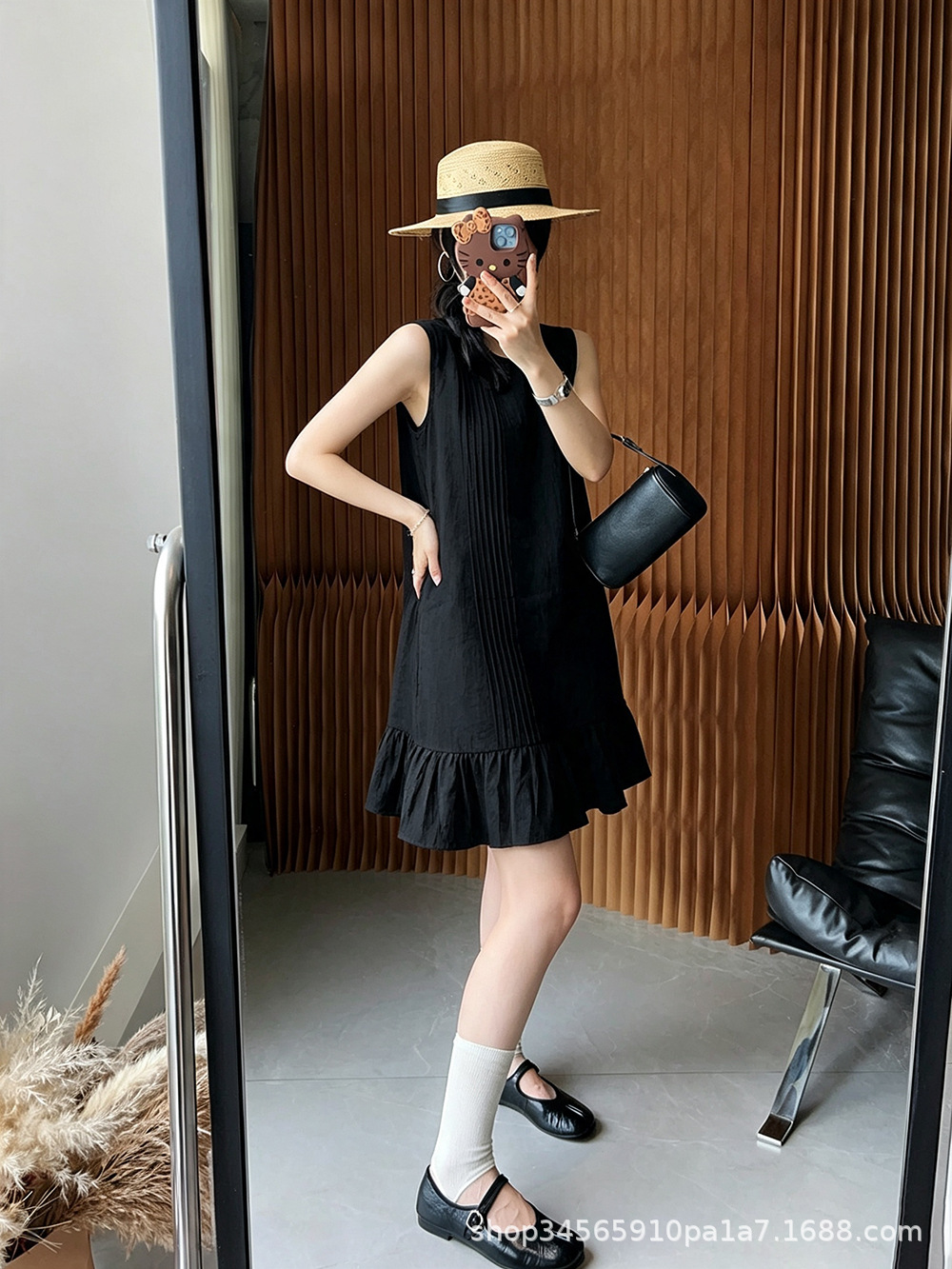Women Sleeveless A-Line Midi Dress, Solid Pleated Ruffle Round Neck Summer Dress
