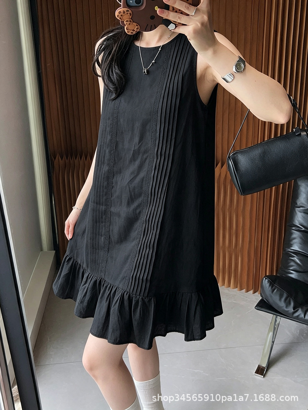 Women Sleeveless A-Line Midi Dress, Solid Pleated Ruffle Round Neck Summer Dress