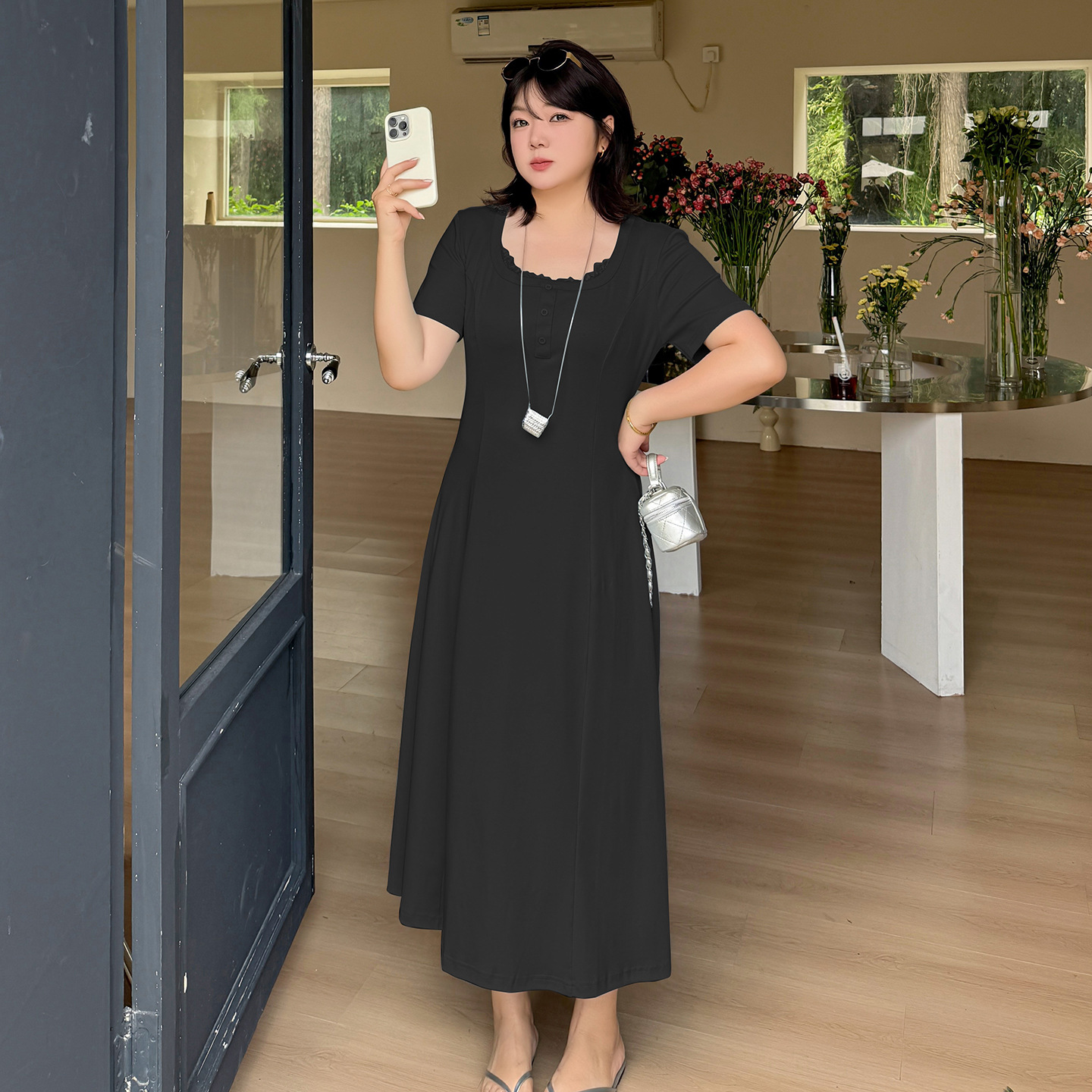 Plus Size Women Lace Spliced U-Neck A-Line Dress, Cotton Blend Long Commuter Dress