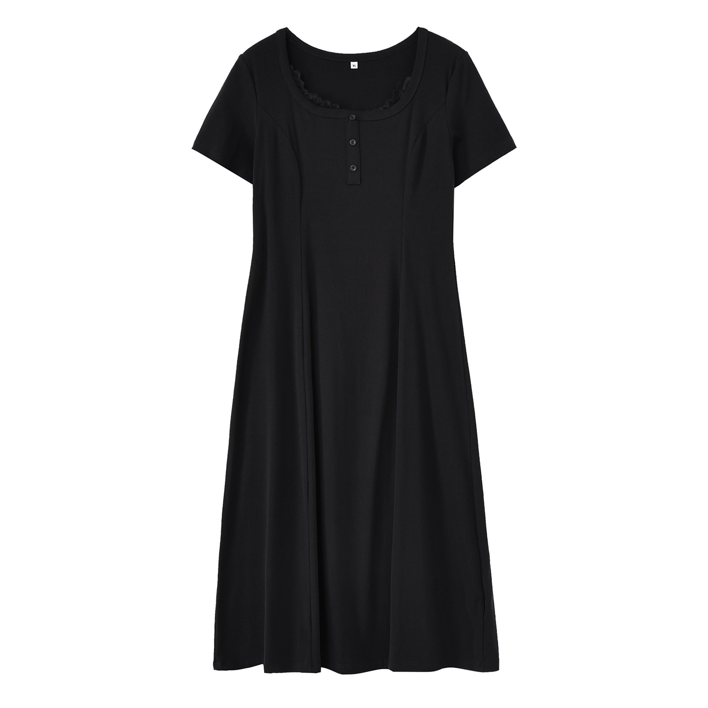 Plus Size Women Lace Spliced U-Neck A-Line Dress, Cotton Blend Long Commuter Dress