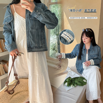 Plus Size Women Lace Spliced U-Neck A-Line Dress, Cotton Blend Long Commuter Dress