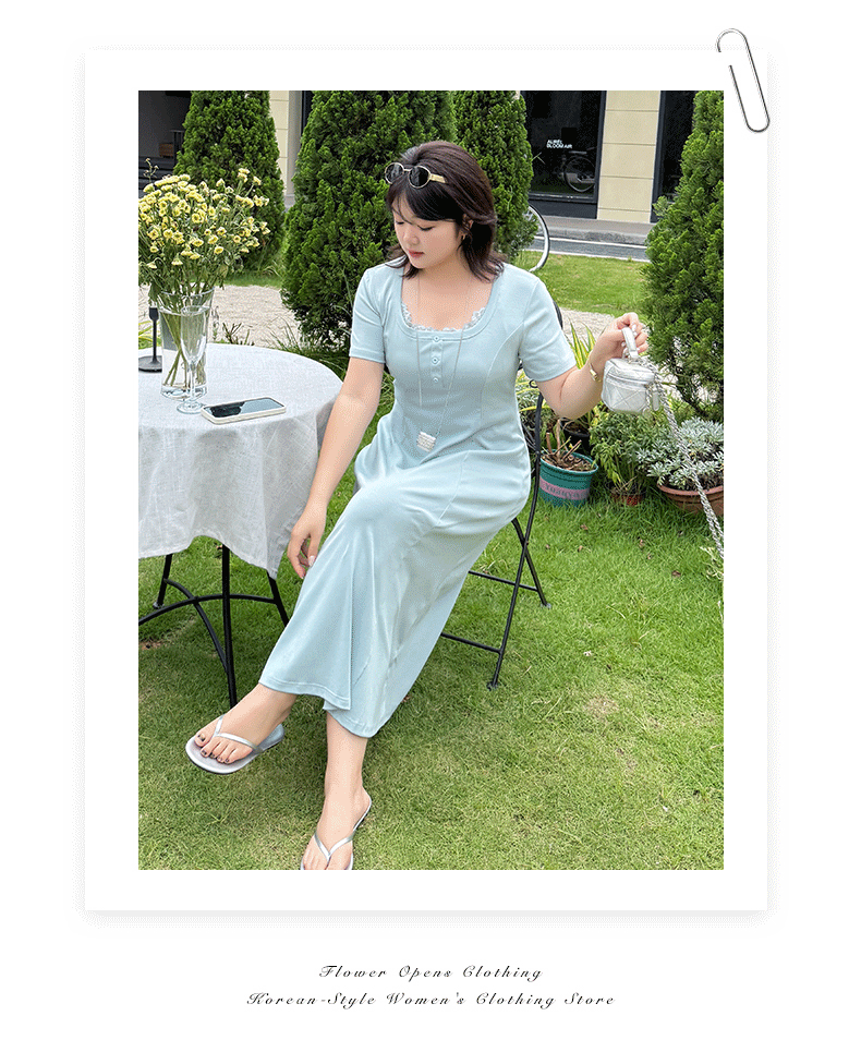 Plus Size Women Lace Spliced U-Neck A-Line Dress, Cotton Blend Long Commuter Dress