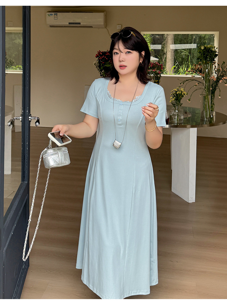 Plus Size Women Lace Spliced U-Neck A-Line Dress, Cotton Blend Long Commuter Dress