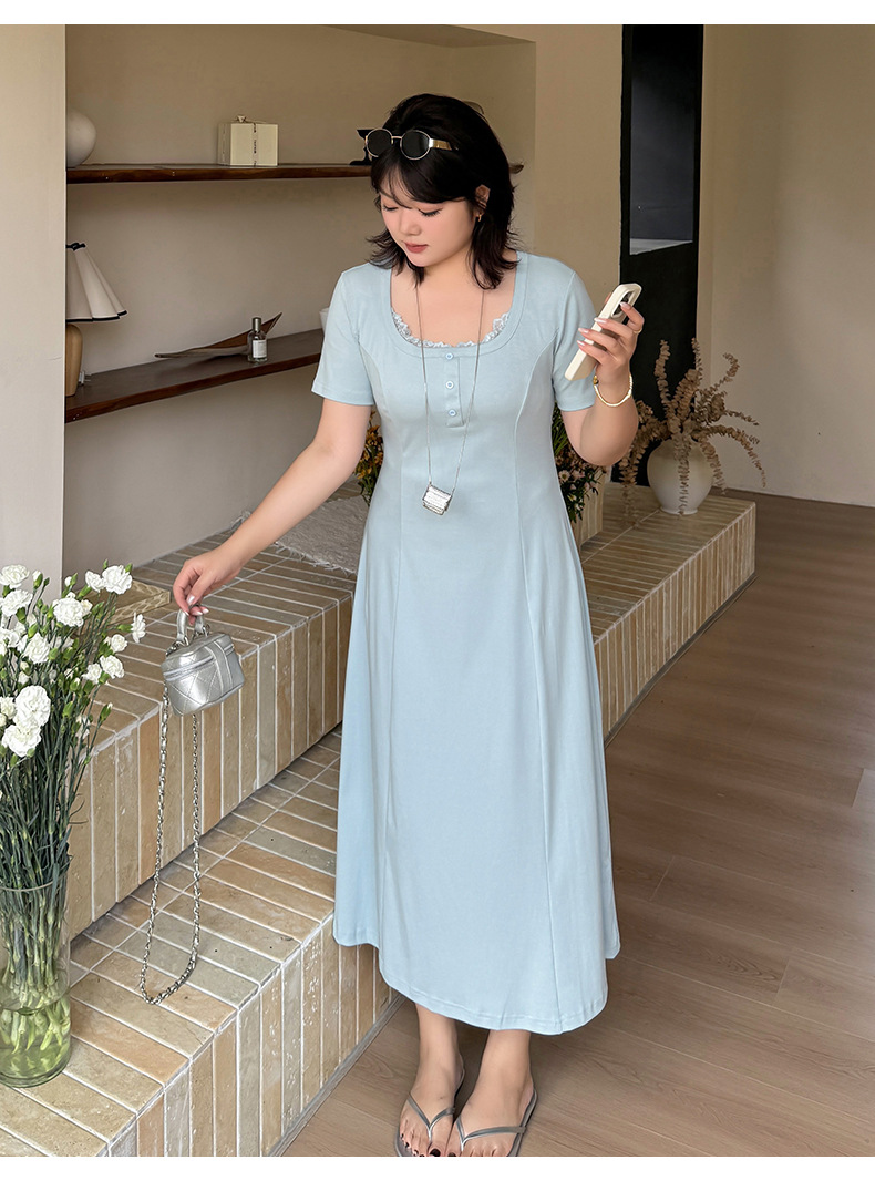Plus Size Women Lace Spliced U-Neck A-Line Dress, Cotton Blend Long Commuter Dress
