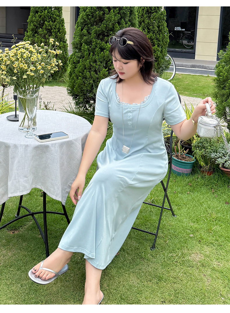 Plus Size Women Lace Spliced U-Neck A-Line Dress, Cotton Blend Long Commuter Dress