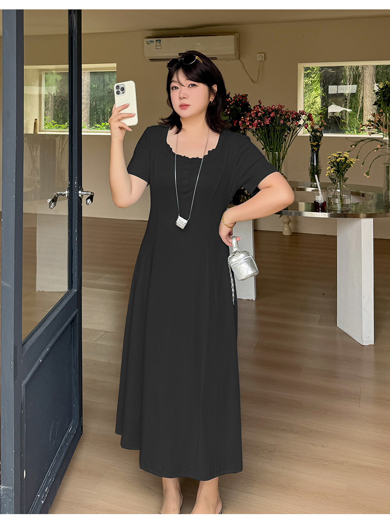 Plus Size Women Lace Spliced U-Neck A-Line Dress, Cotton Blend Long Commuter Dress