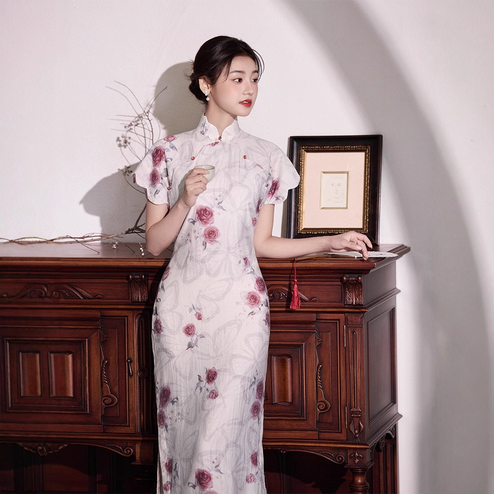 Modern Chinese Qipao Dress for Women, Retro Style Stand Collar Short Sleeve Cheongsam