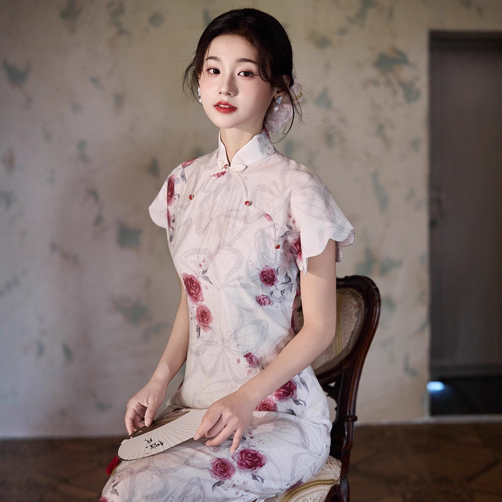 Modern Chinese Qipao Dress for Women, Retro Style Stand Collar Short Sleeve Cheongsam