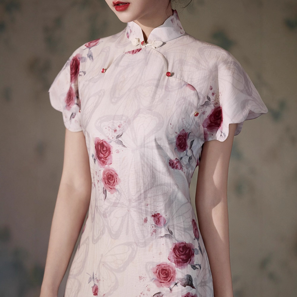 Modern Chinese Qipao Dress for Women, Retro Style Stand Collar Short Sleeve Cheongsam