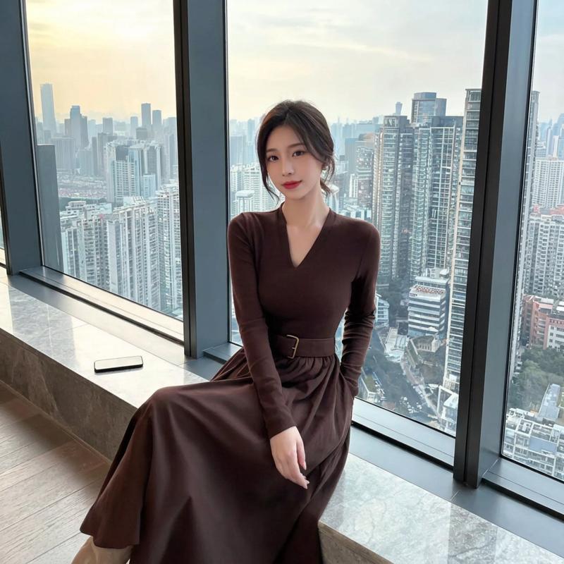 Women’s Long Sleeve A-Line Dress, High Neck, High Waist, Fitted Fall/Autumn Dress