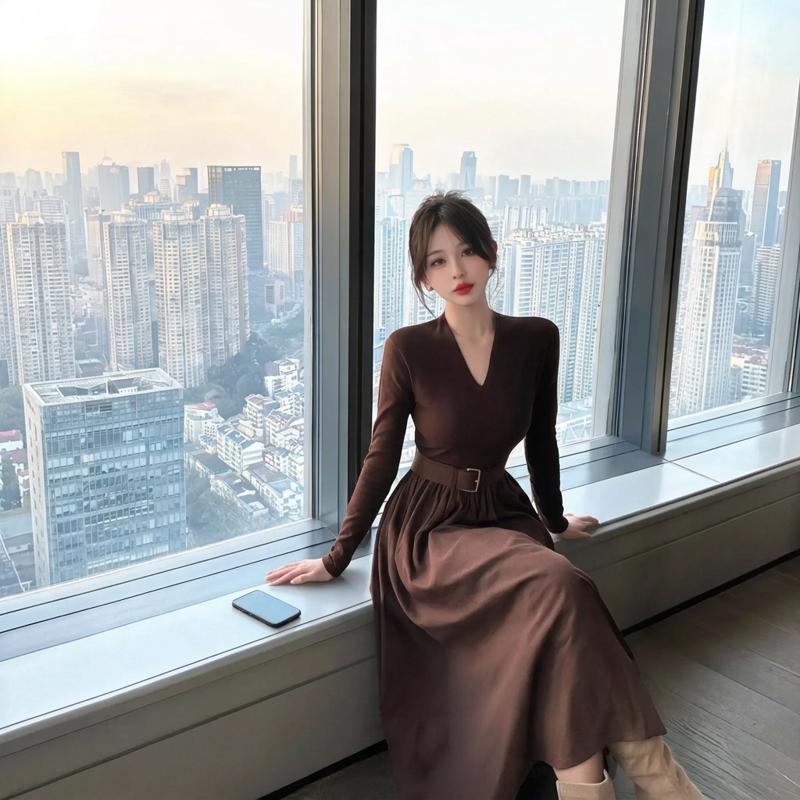 Women’s Long Sleeve A-Line Dress, High Neck, High Waist, Fitted Fall/Autumn Dress