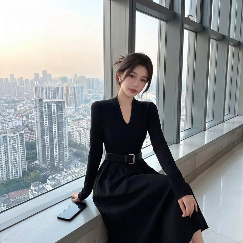 Women’s Long Sleeve A-Line Dress, High Neck, High Waist, Fitted Fall/Autumn Dress