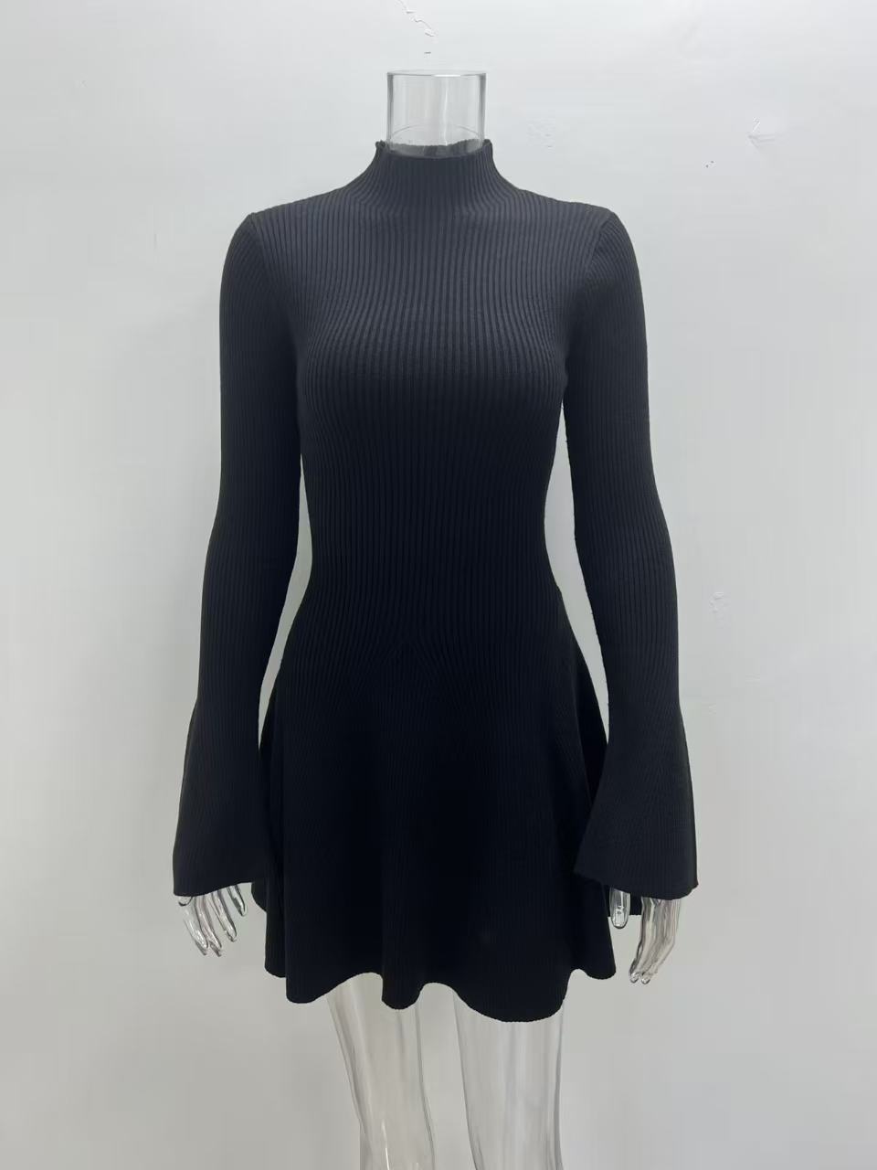 Women Long Sleeve A-Line Knit Dress, Slim Fit High Neck Solid Color Short Sweater Dress for City Commute