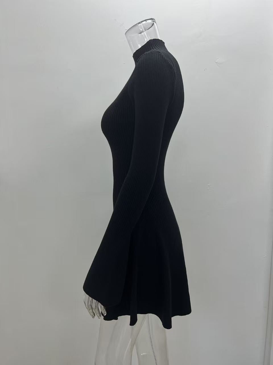Women Long Sleeve A-Line Knit Dress, Slim Fit High Neck Solid Color Short Sweater Dress for City Commute
