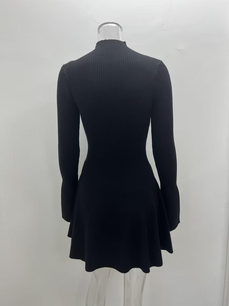 Women Long Sleeve A-Line Knit Dress, Slim Fit High Neck Solid Color Short Sweater Dress for City Commute