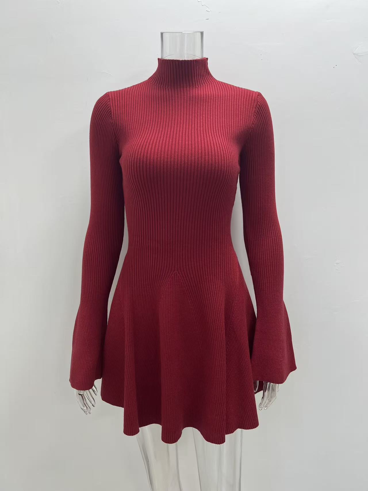 Women Long Sleeve A-Line Knit Dress, Slim Fit High Neck Solid Color Short Sweater Dress for City Commute