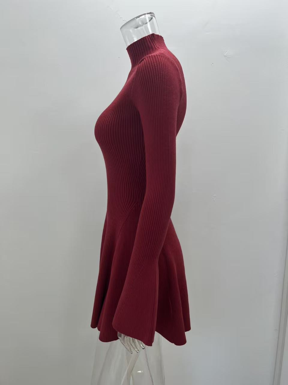 Women Long Sleeve A-Line Knit Dress, Slim Fit High Neck Solid Color Short Sweater Dress for City Commute
