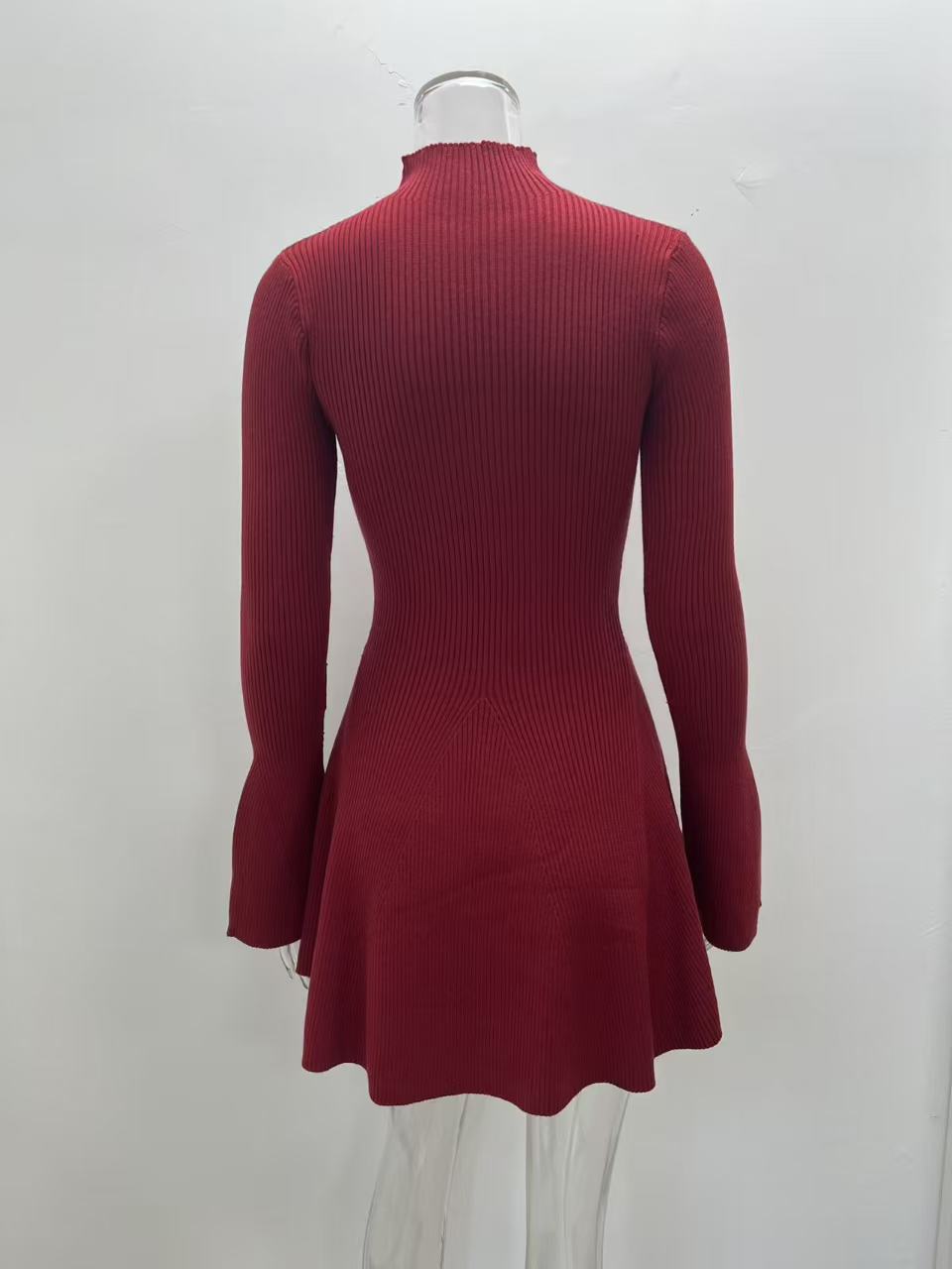 Women Long Sleeve A-Line Knit Dress, Slim Fit High Neck Solid Color Short Sweater Dress for City Commute
