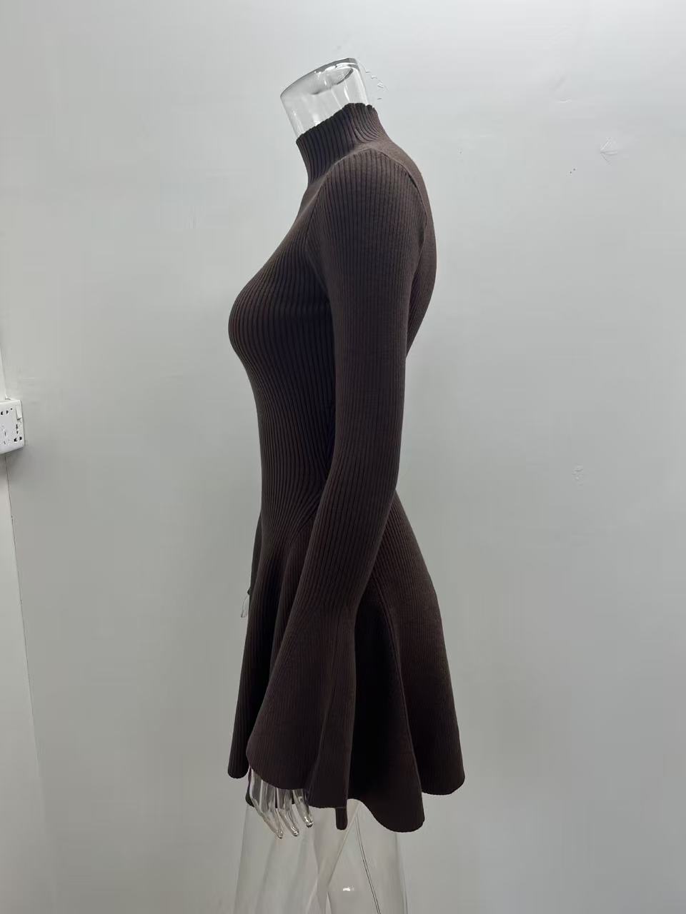 Women Long Sleeve A-Line Knit Dress, Slim Fit High Neck Solid Color Short Sweater Dress for City Commute