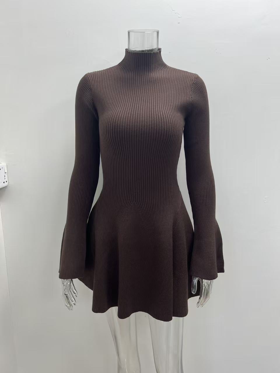 Women Long Sleeve A-Line Knit Dress, Slim Fit High Neck Solid Color Short Sweater Dress for City Commute