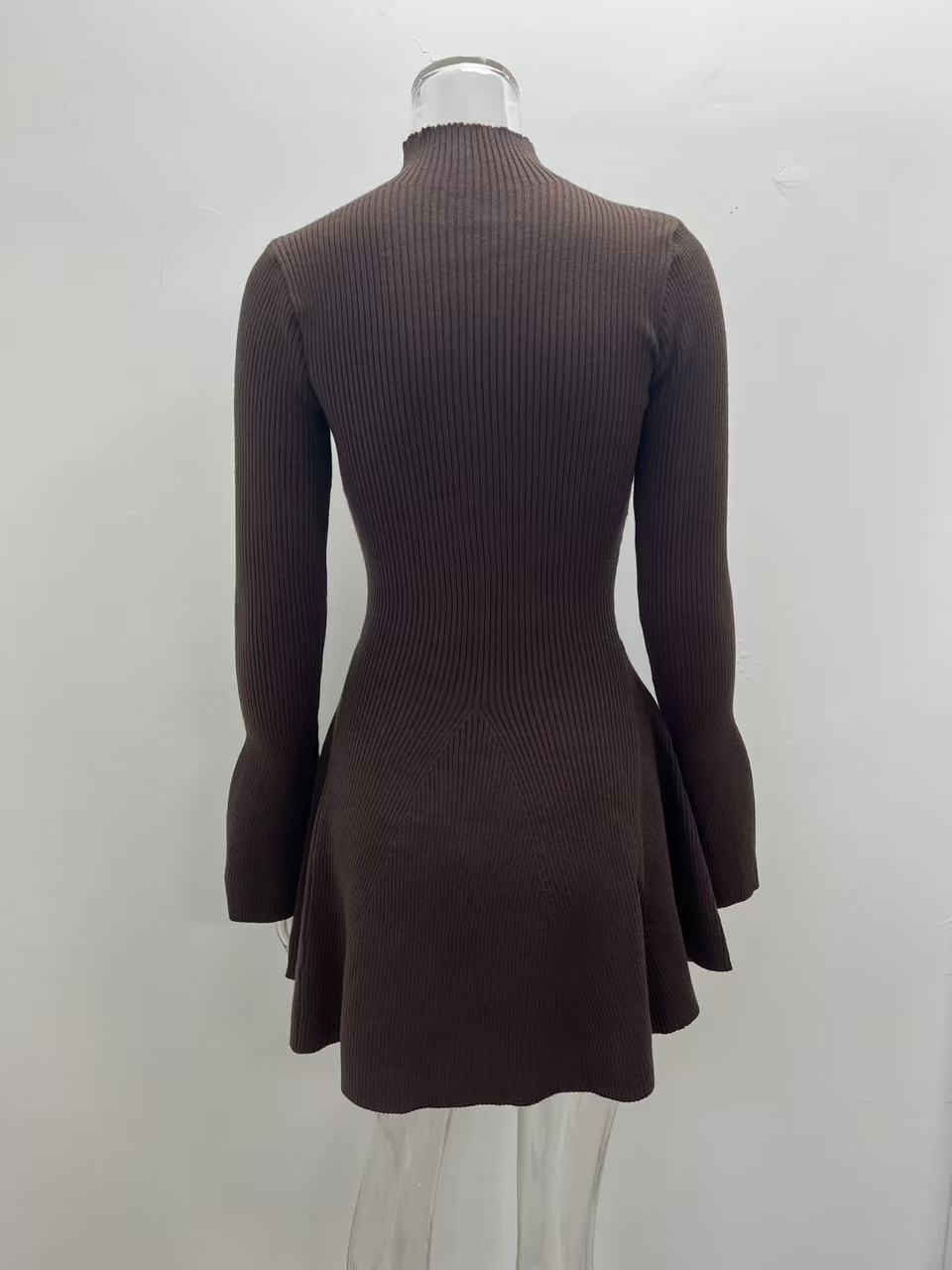 Women Long Sleeve A-Line Knit Dress, Slim Fit High Neck Solid Color Short Sweater Dress for City Commute
