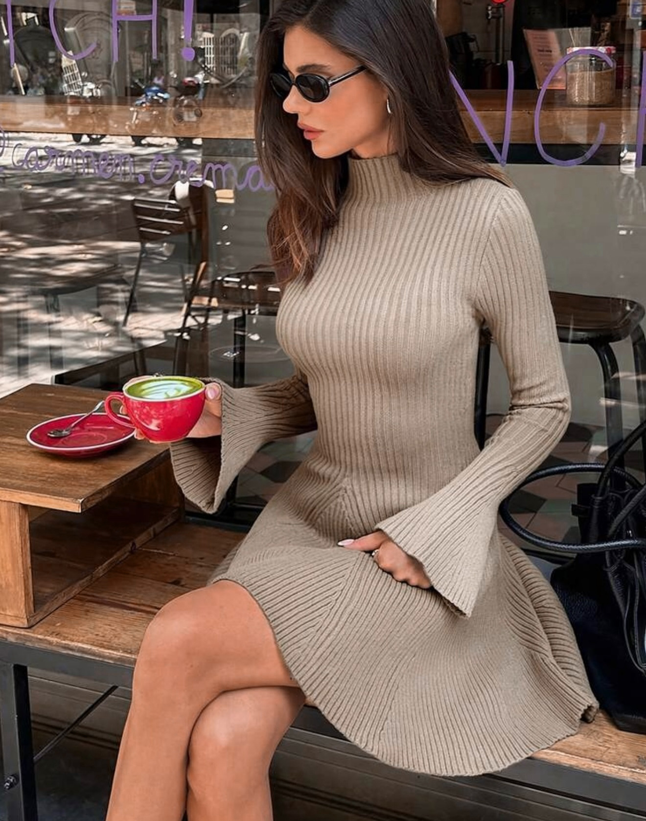Women Long Sleeve A-Line Knit Dress, Slim Fit High Neck Solid Color Short Sweater Dress for City Commute