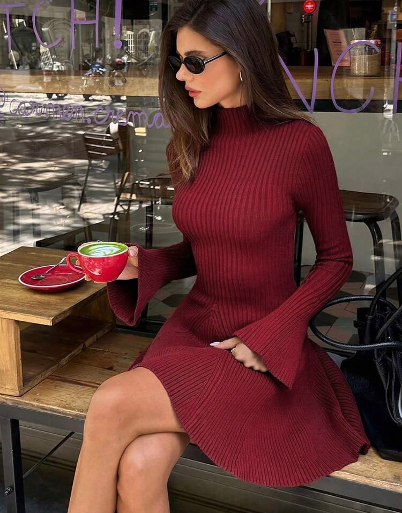 Women Long Sleeve A-Line Knit Dress, Slim Fit High Neck Solid Color Short Sweater Dress for City Commute