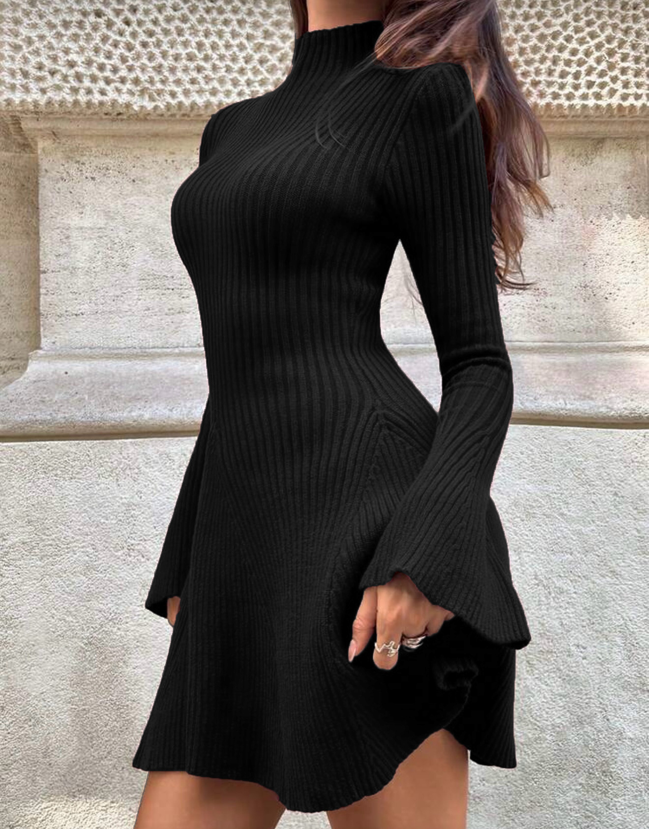 Women Long Sleeve A-Line Knit Dress, Slim Fit High Neck Solid Color Short Sweater Dress for City Commute
