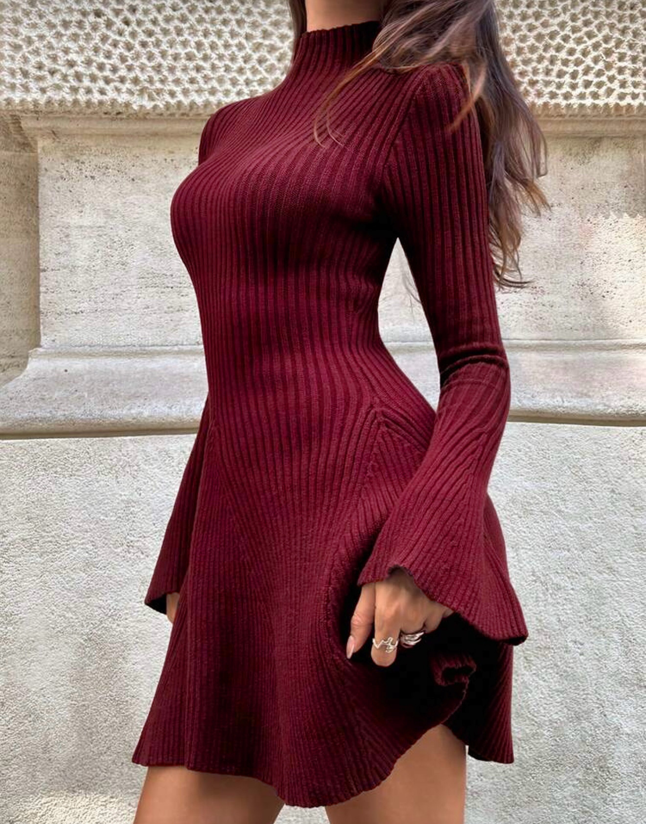 Women Long Sleeve A-Line Knit Dress, Slim Fit High Neck Solid Color Short Sweater Dress for City Commute