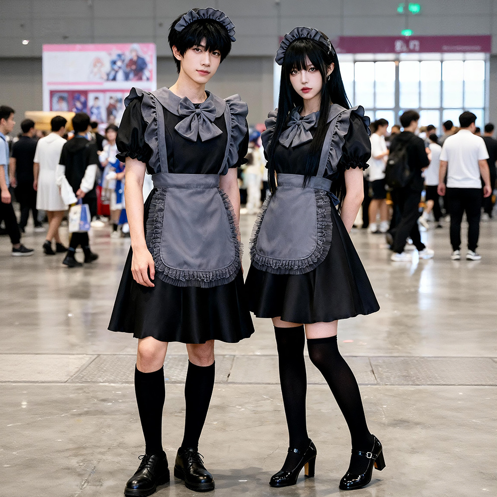 ชุดเมดสไตล์ลอลิต้าสำหรับผู้ชาย ดีไซน์น่ารัก พร้อมคอเสื้อรูปตุ๊กตา ผ้ากันเปื้อนระบาย และผ้าคาดศีรษะ สำหรับชุดแต่งกายบนเวที