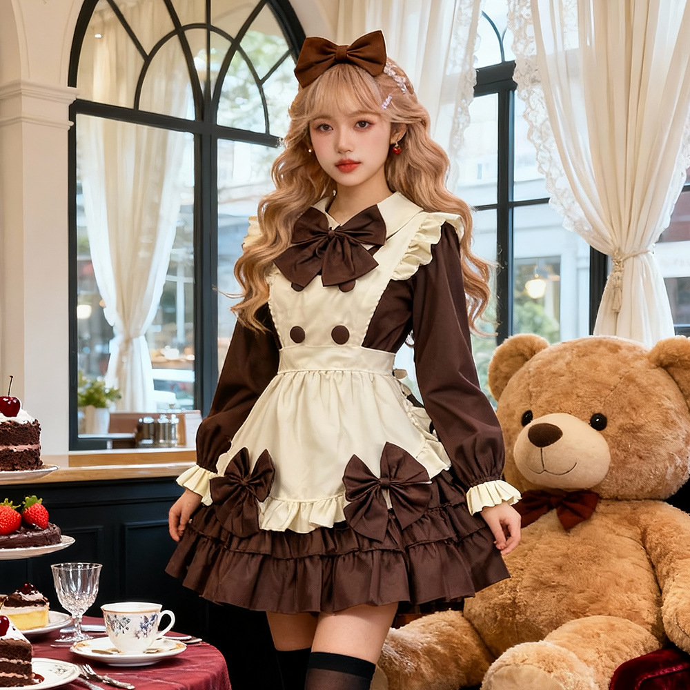 Brown Long Sleeve Maid Dress Cosplay Costume with Apron, Bows and Headpiece
