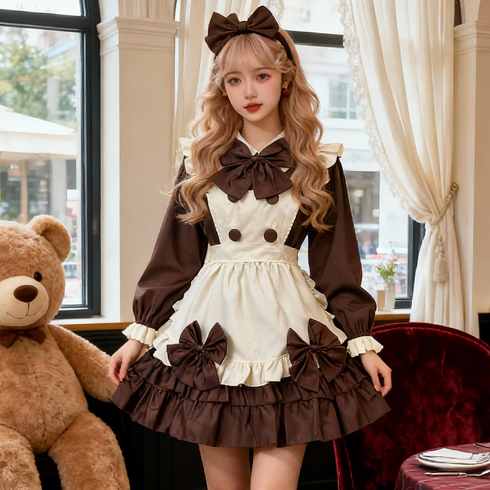 ชุดคอสเพลย์สาวใช้แขนยาวสีน้ำตาล พร้อมผ้ากันเปื้อน ริบบิ้น และเครื่องประดับศีรษะ