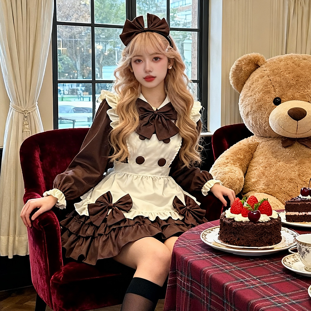 Brown Long Sleeve Maid Dress Cosplay Costume with Apron, Bows and Headpiece